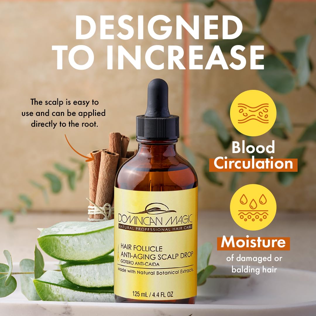 DOMINICAN MAGIC applied to scalp in use showing targeted drops and easy massage