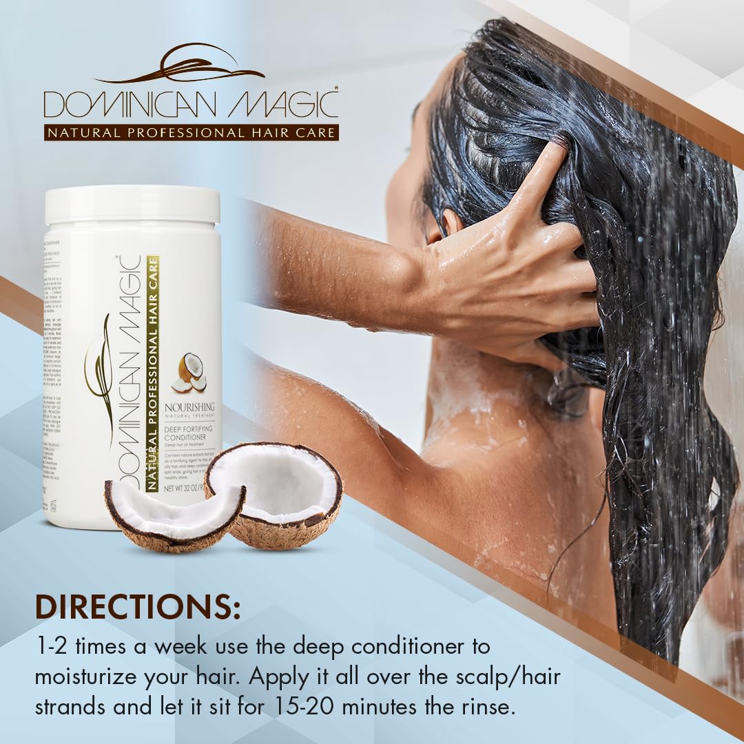 Dominican Magic bottle beside hairbrush showing 32 oz size for value and scale