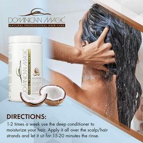 Dominican Magic bottle beside hairbrush showing 32 oz size for value and scale