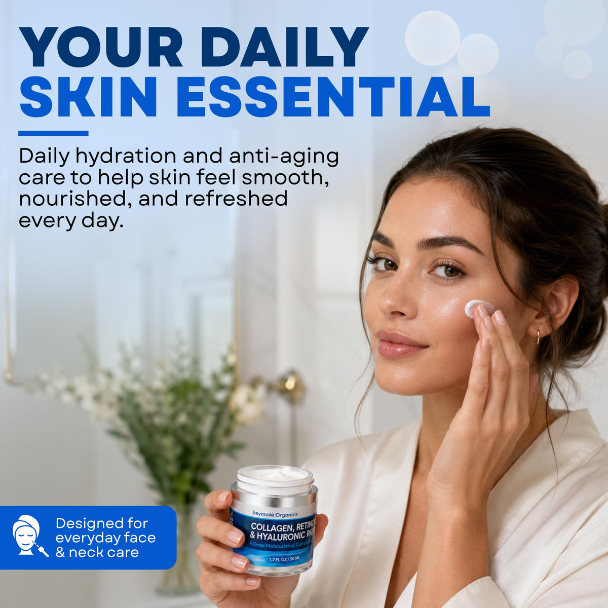 Domoria Organics applying cream to face demonstrating smooth finish and hydration