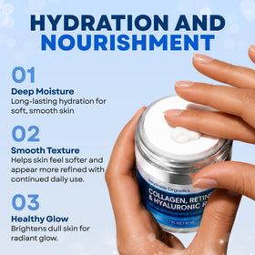 Domoria Organics ingredients label highlighting retinol, collagen, hyaluronic acid benefits