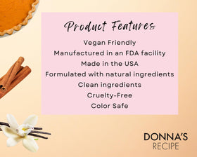 Donna's Recipe ingredient blend flatlay with oils and powders highlighting natural botanicals