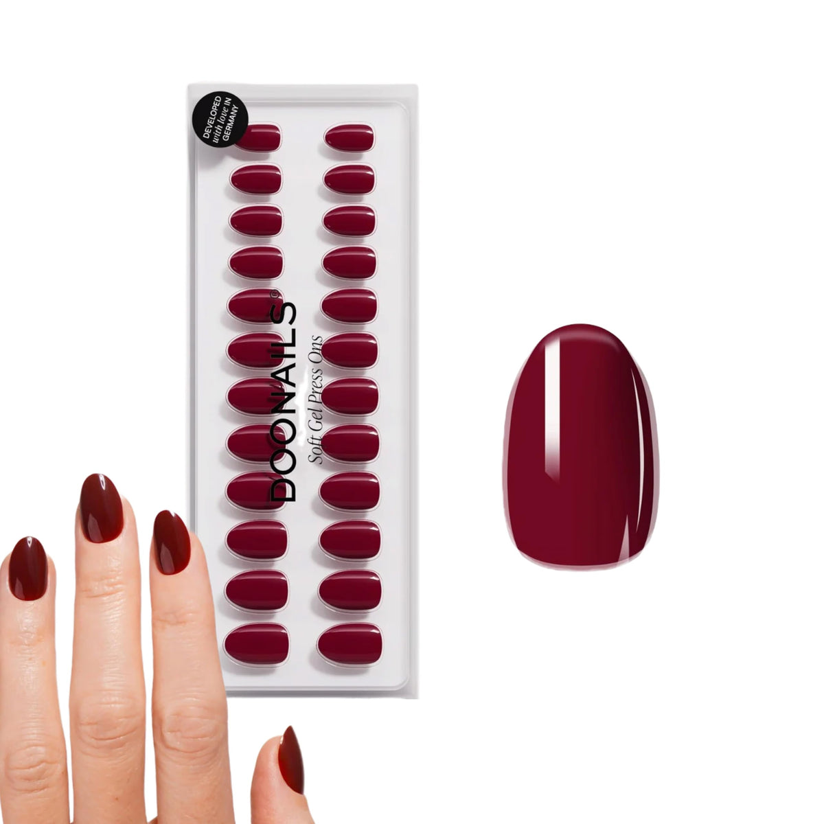 DOONAILS front packaging showing red short round nails and kit contents for quick application