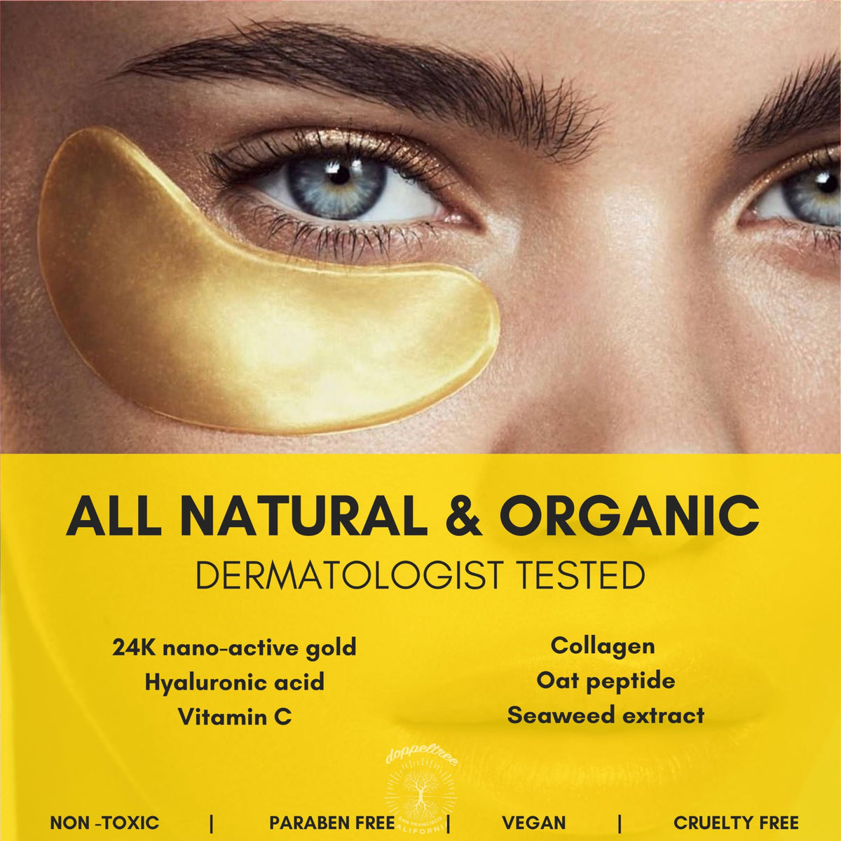 Doppeltree under eye patches on tray demonstrating ready-to-use convenience