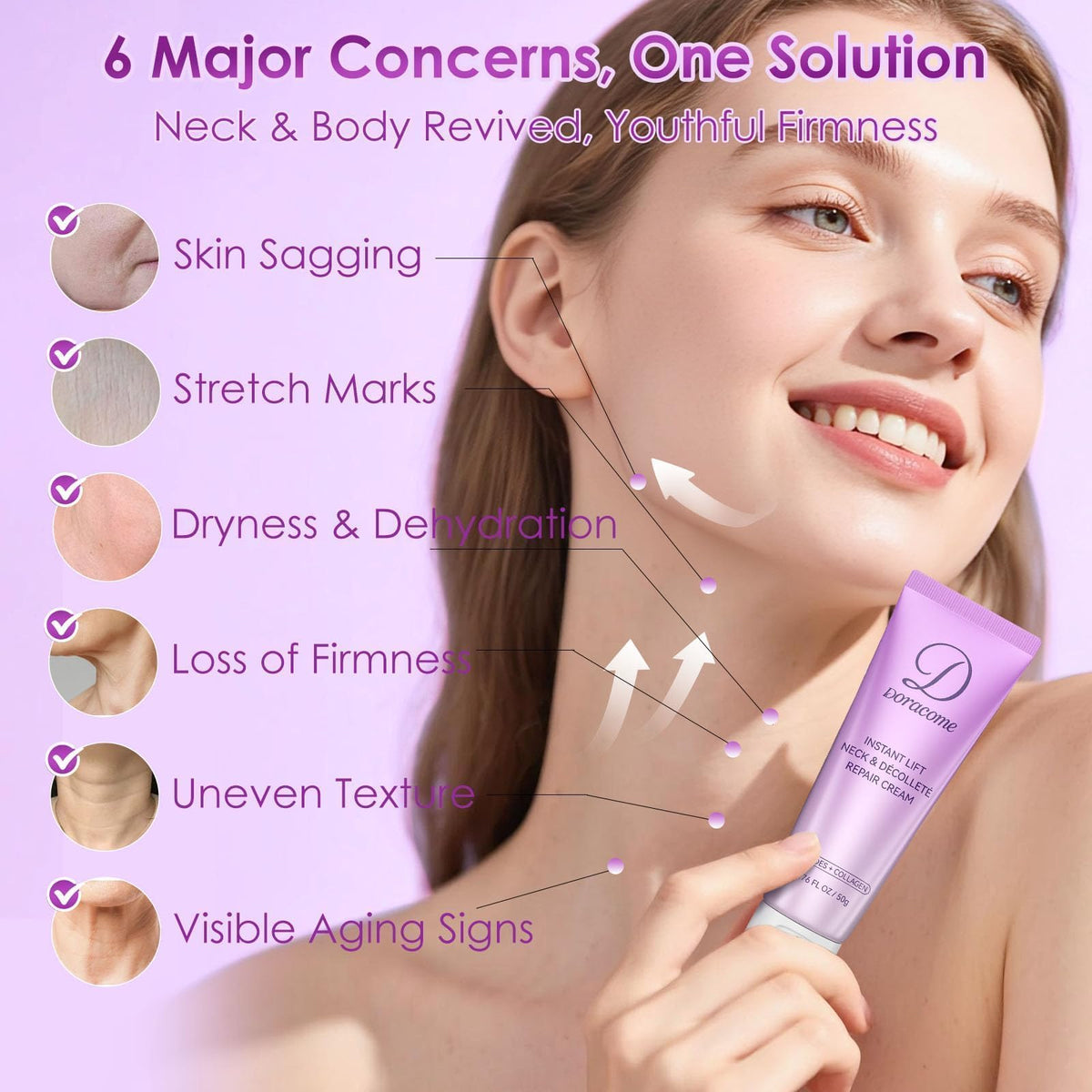 Doracome applying neck cream demonstration for easy, quick absorption