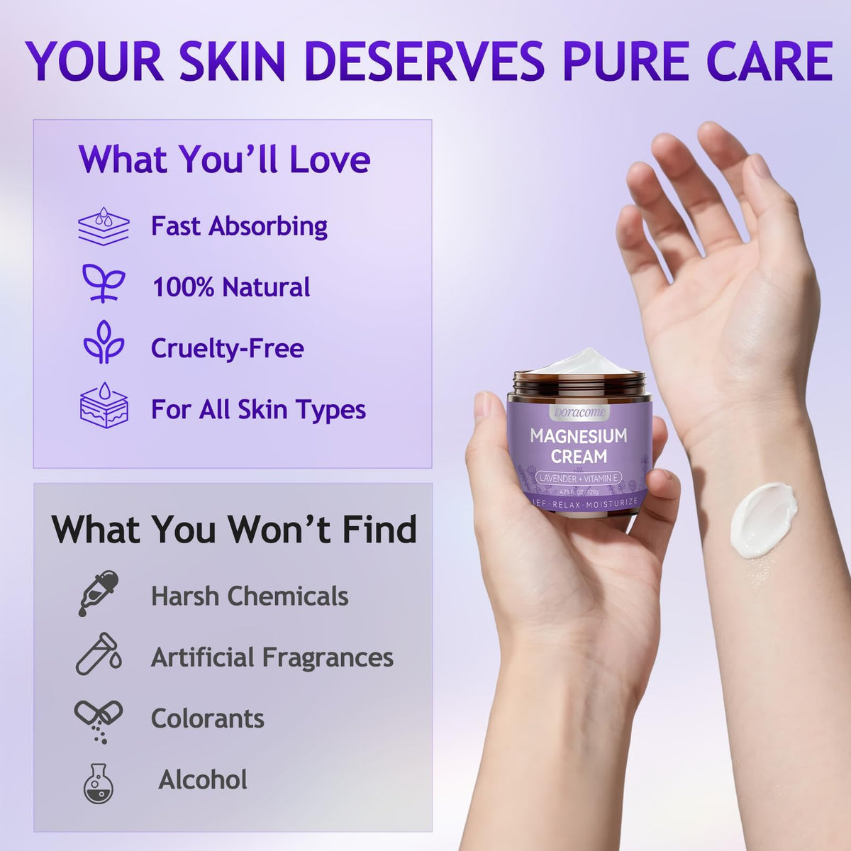Doracome cream absorbing into skin demonstrating no-grease, bedding-safe finish