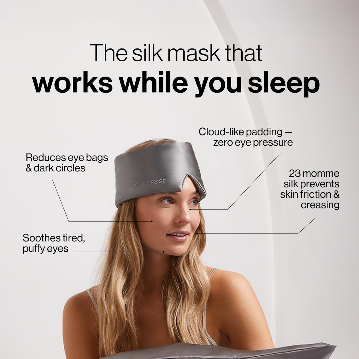 Dore & Rose mask worn by model sleeping illustrating pressure-free restful comfort