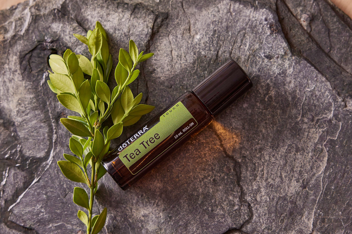 doTERRA Melaleuca Touch cap detail highlighting leak-resistant design benefit