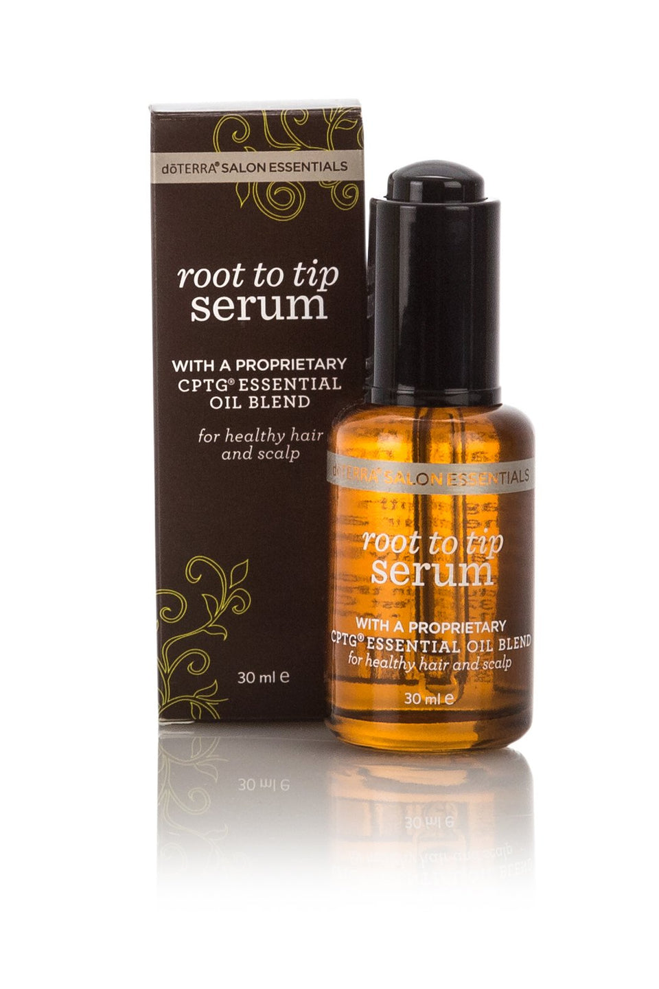 doTERRA Root to Tip Serum front bottle view showing compact 30 mL packaging and glossy finish