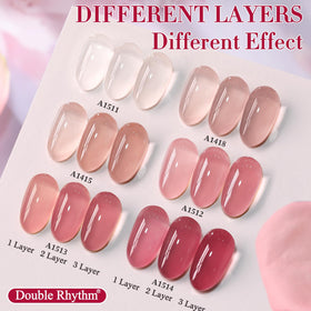 Double Rhythm polish applied on fingers demonstrating salon-quality cured shine