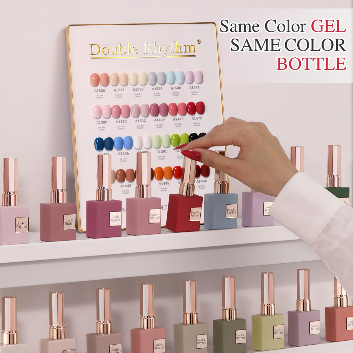 Double Rhythm base top and builder gels close-up showing essentials for strong manicures