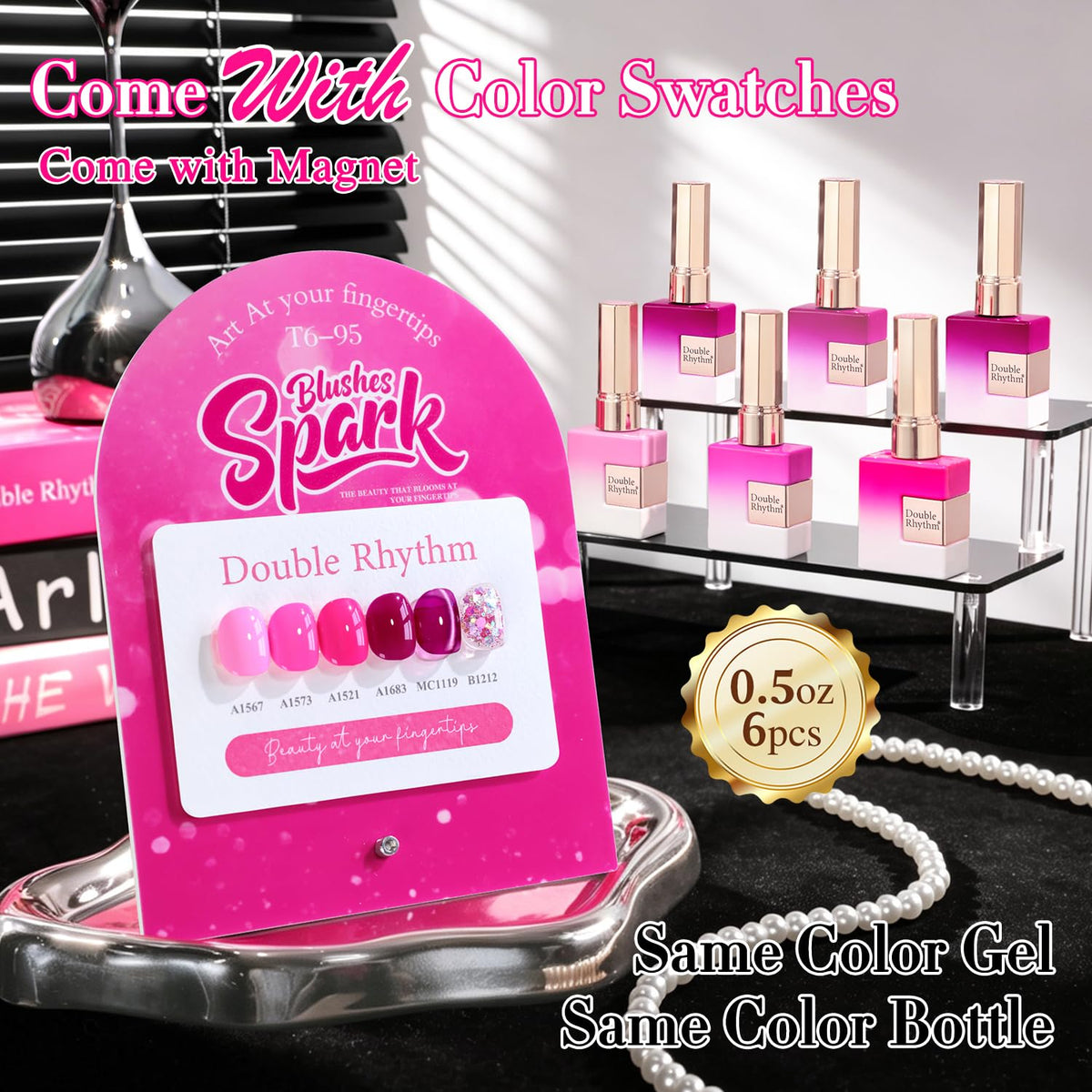 Double Rhythm bottle label close-up showing shade name and clear professional finish benefit
