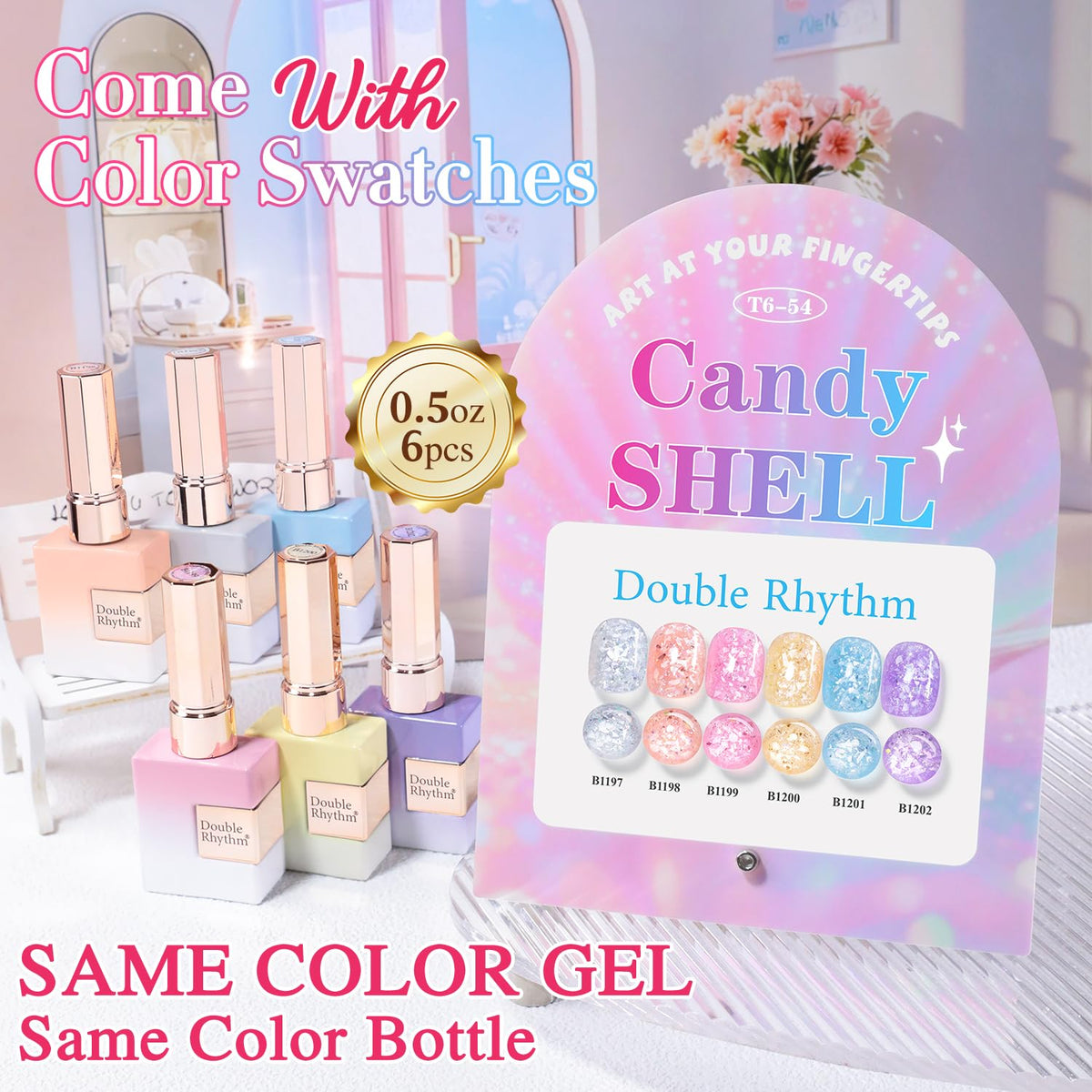 Double Rhythm bottle label detail highlighting shade name and full-size 15ml benefit