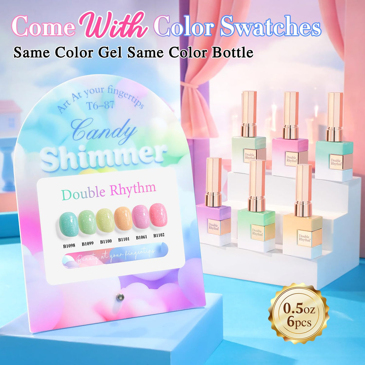 Double Rhythm six bottles lined up displaying color variety and consistency