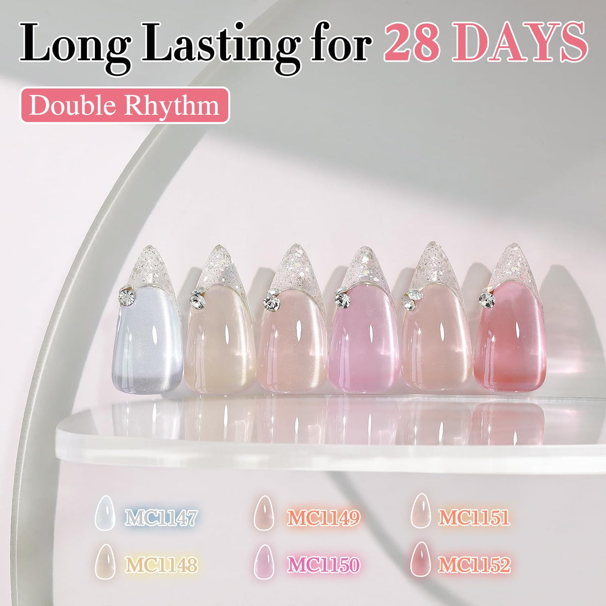 Double Rhythm close-up on nails showing reflective cat eye effect and multidimensional shine
