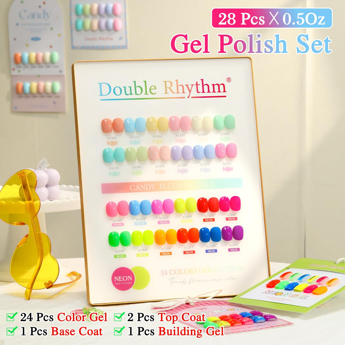 Double Rhythm spread of 24 neon color bottles displayed for easy shade selection