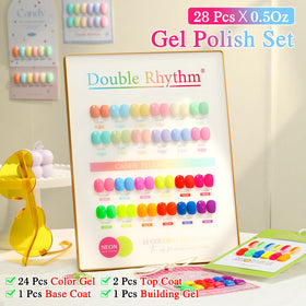 Double Rhythm spread of 24 neon color bottles displayed for easy shade selection