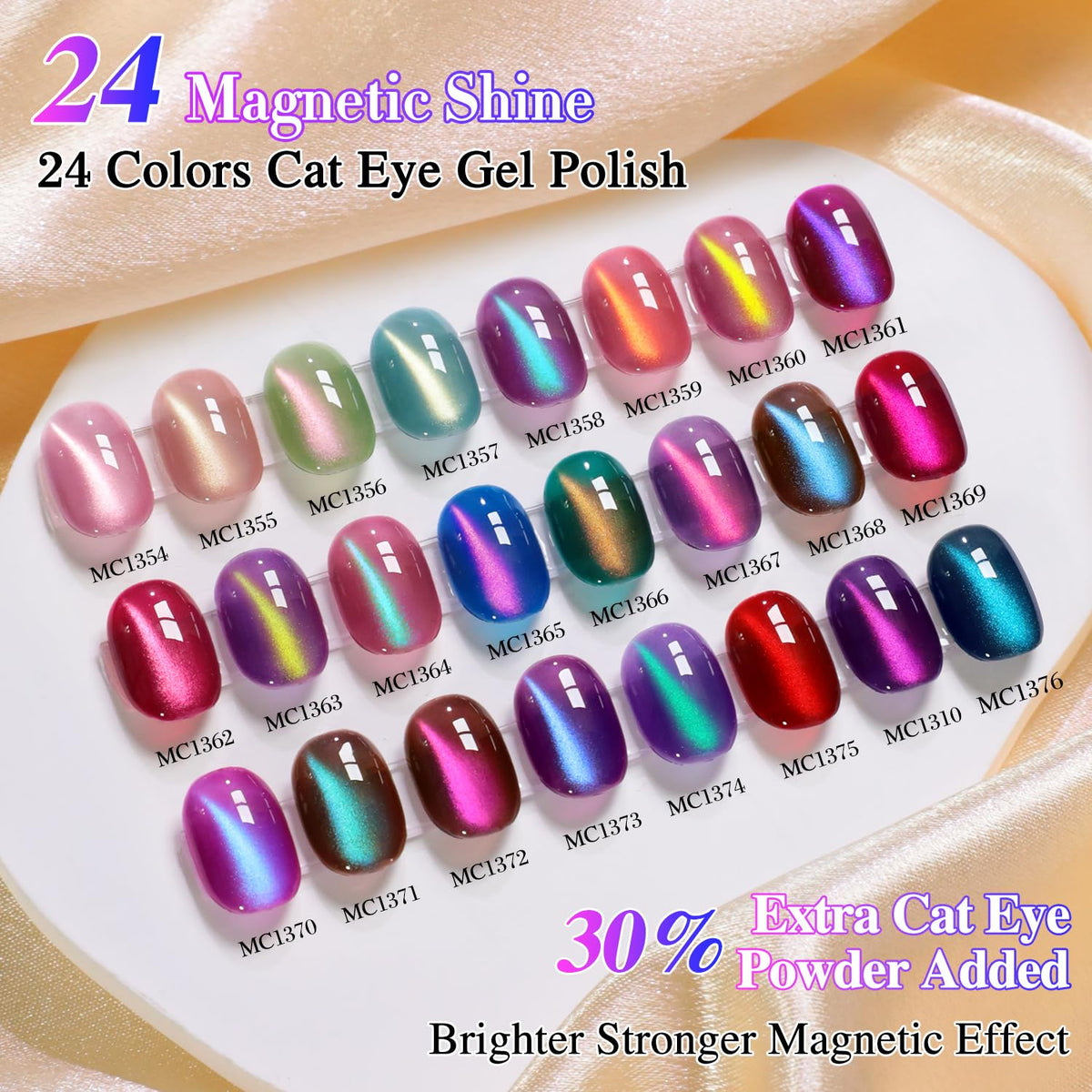 Double Rhythm arranged 24 cat-eye colors fanned out to display range and shimmer for versatile styling