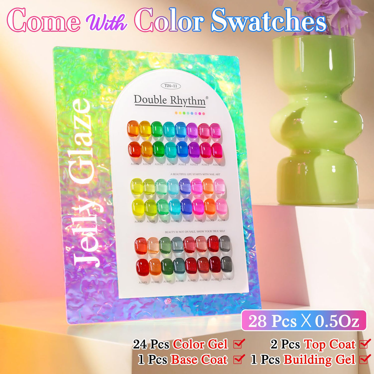 Double Rhythm color range flat lay displaying 24 neon jelly shades