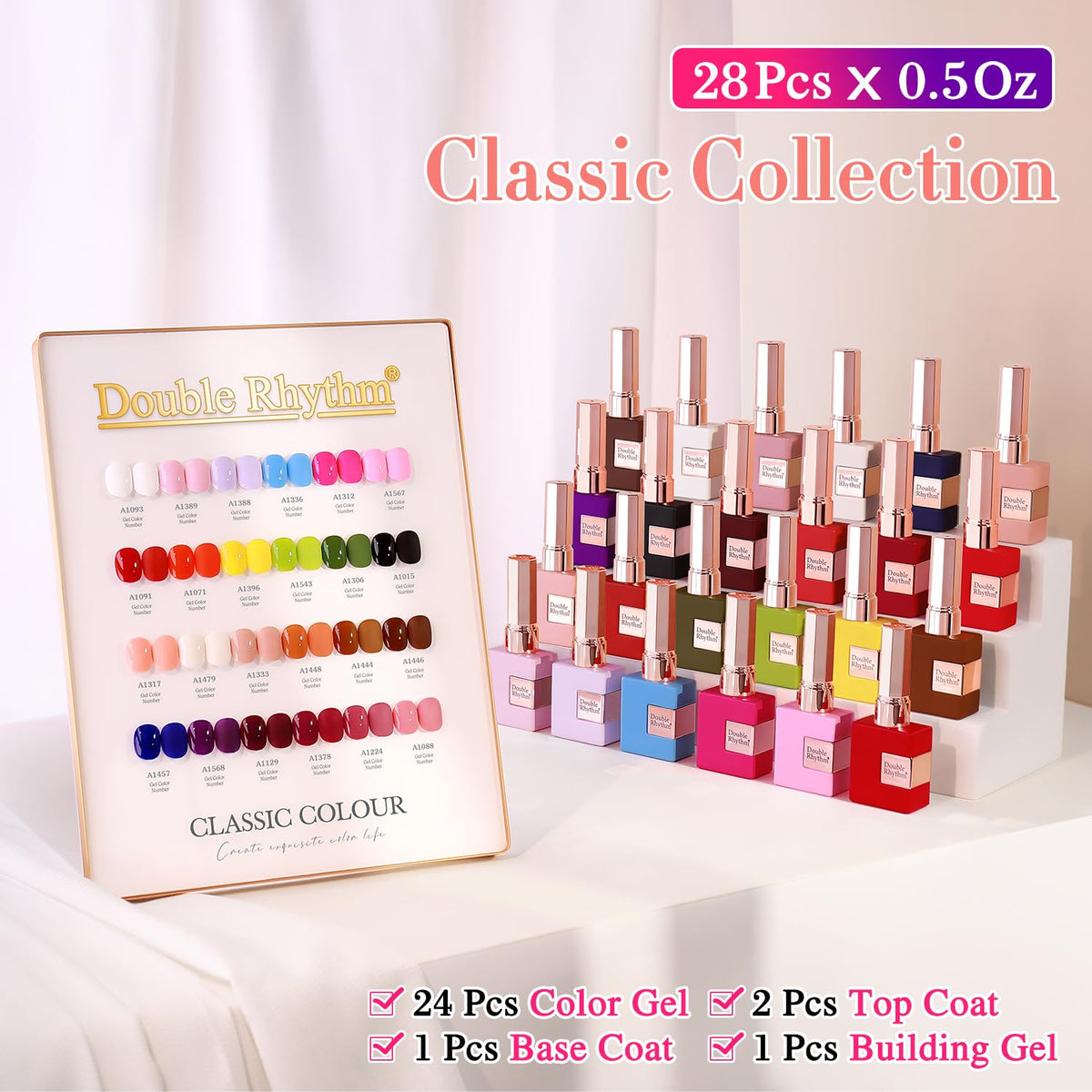 Double Rhythm row of 24 color bottles overhead, shows variety for creative looks