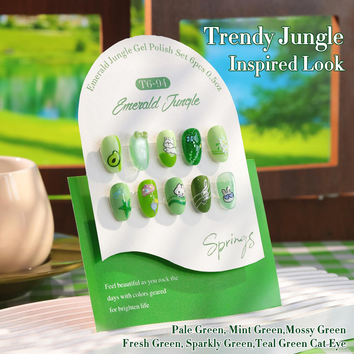 Double Rhythm finished manicure lifestyle image with olive lime nails showcasing wear-ready style