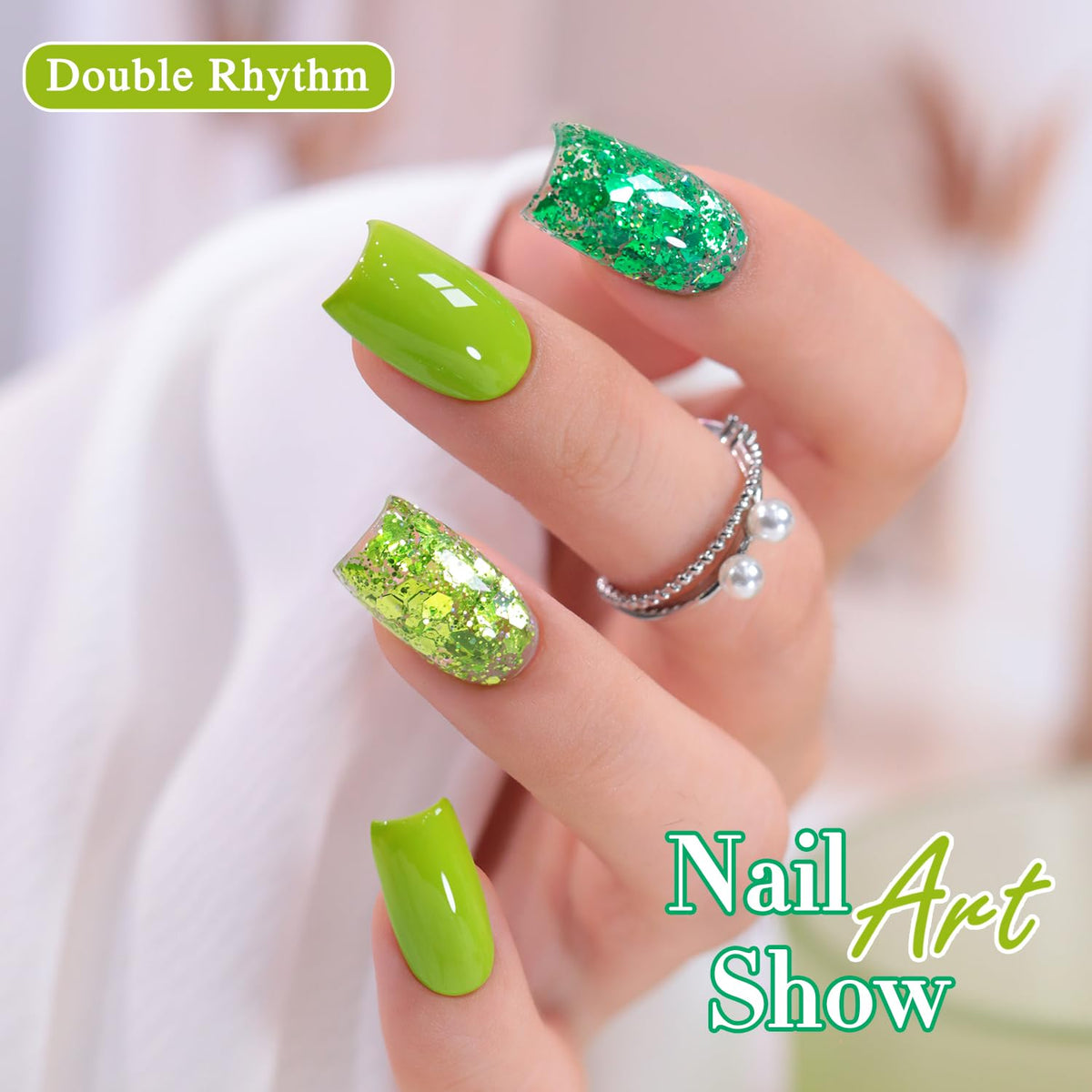 Double Rhythm finished manicure lifestyle shot displaying long-lasting shine