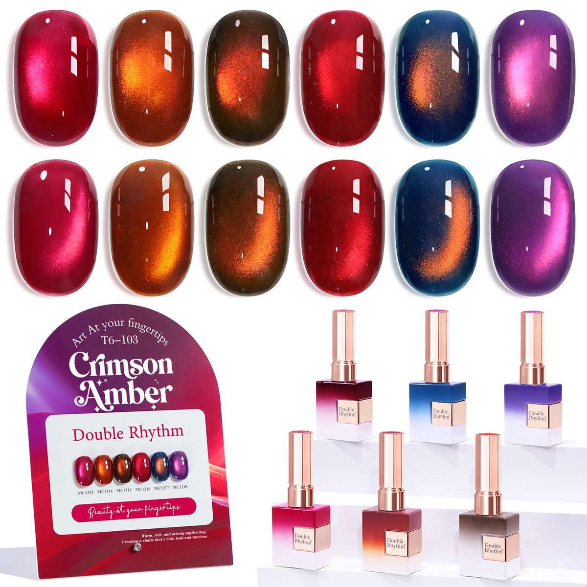 Double Rhythm front view of bottles showing colors and shimmer, ideal for home nail art
