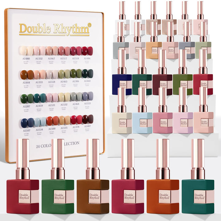 Double Rhythm front packaging showing 24 color bottles and gels for consistent results