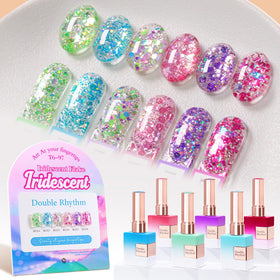 Double Rhythm front packaging with display board showing six shimmering shades for easy selection