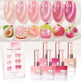 Double Rhythm front packaging showing six glass-nude pink bottles and benefit of cohesive kit