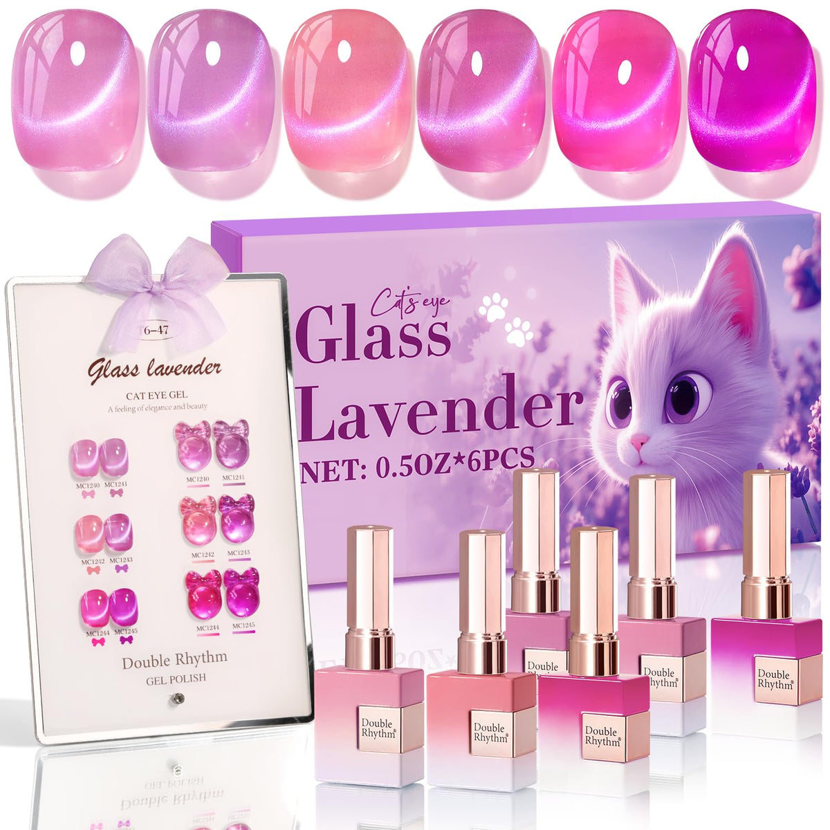 Double Rhythm bottle front packaging showing lavender shimmer and brand benefit of salon finish