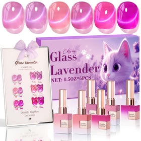 Double Rhythm bottle front packaging showing lavender shimmer and brand benefit of salon finish