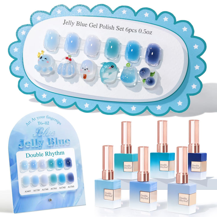 Double Rhythm front packaging showing six navy gel polish bottles for coordinated looks