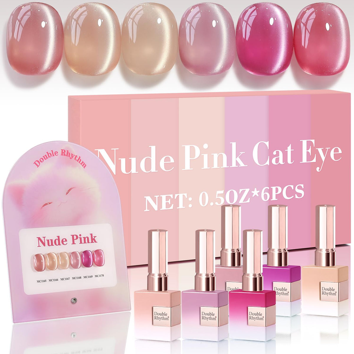 Double Rhythm bottle front packaging showing nude-pink rose shade and benefit of consistent color