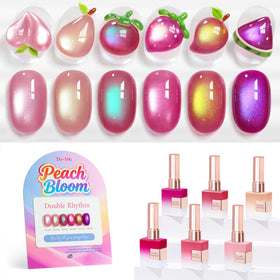 Double Rhythm front packaging showing six peach-nude bottles and shimmer benefits