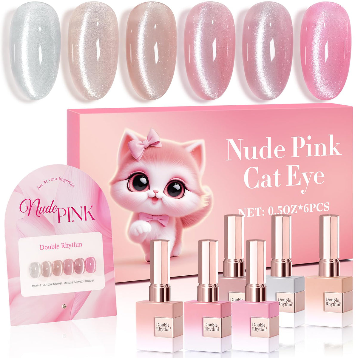 Double Rhythm front packaging showing six identical bottles and shimmer benefits
