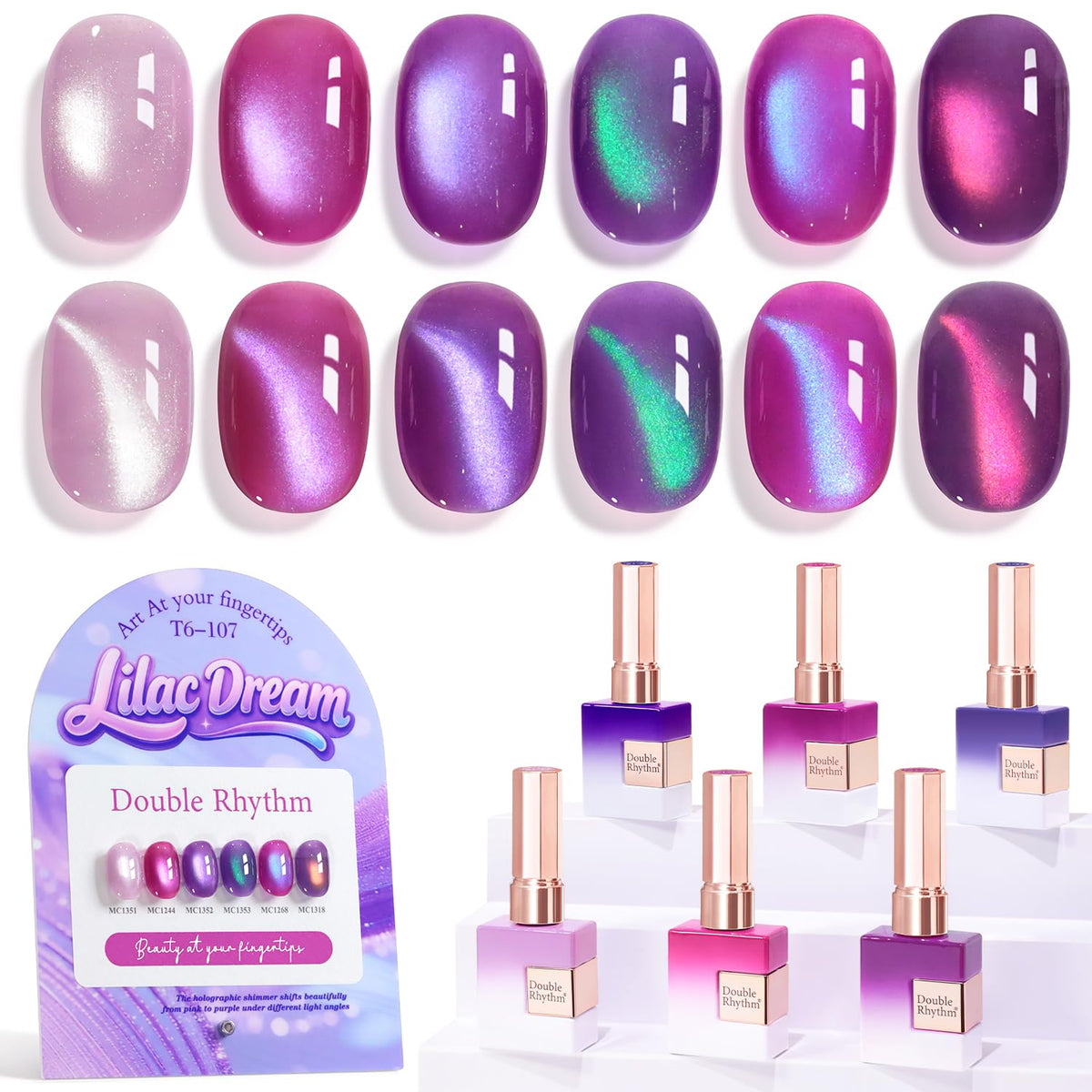 Double Rhythm front packaging showing six matching shimmer bottles and color swatches