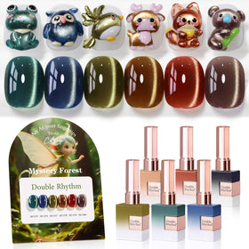 Double Rhythm front packaging showing six matching gel polish bottles and shimmer effect