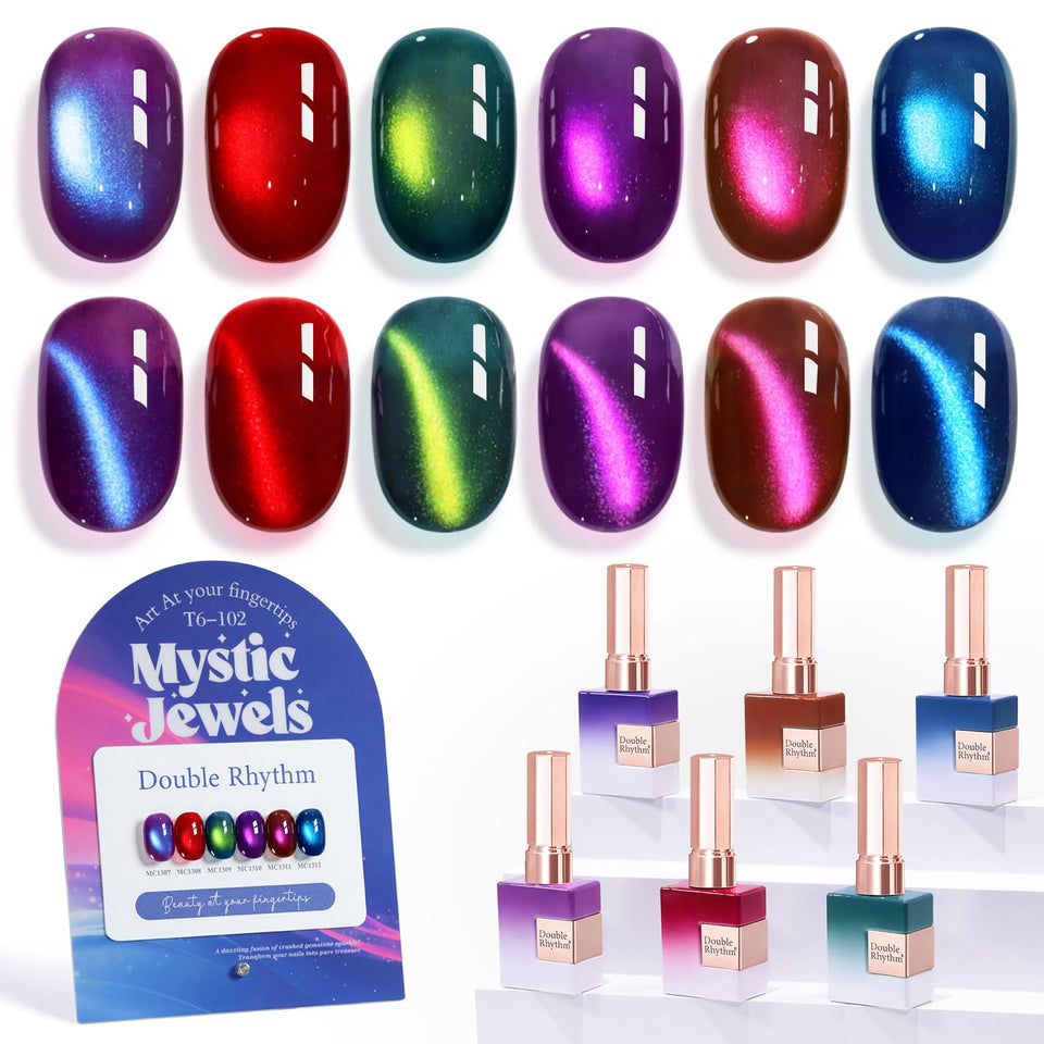 Double Rhythm front packaging showing six shimmering bottles and benefits