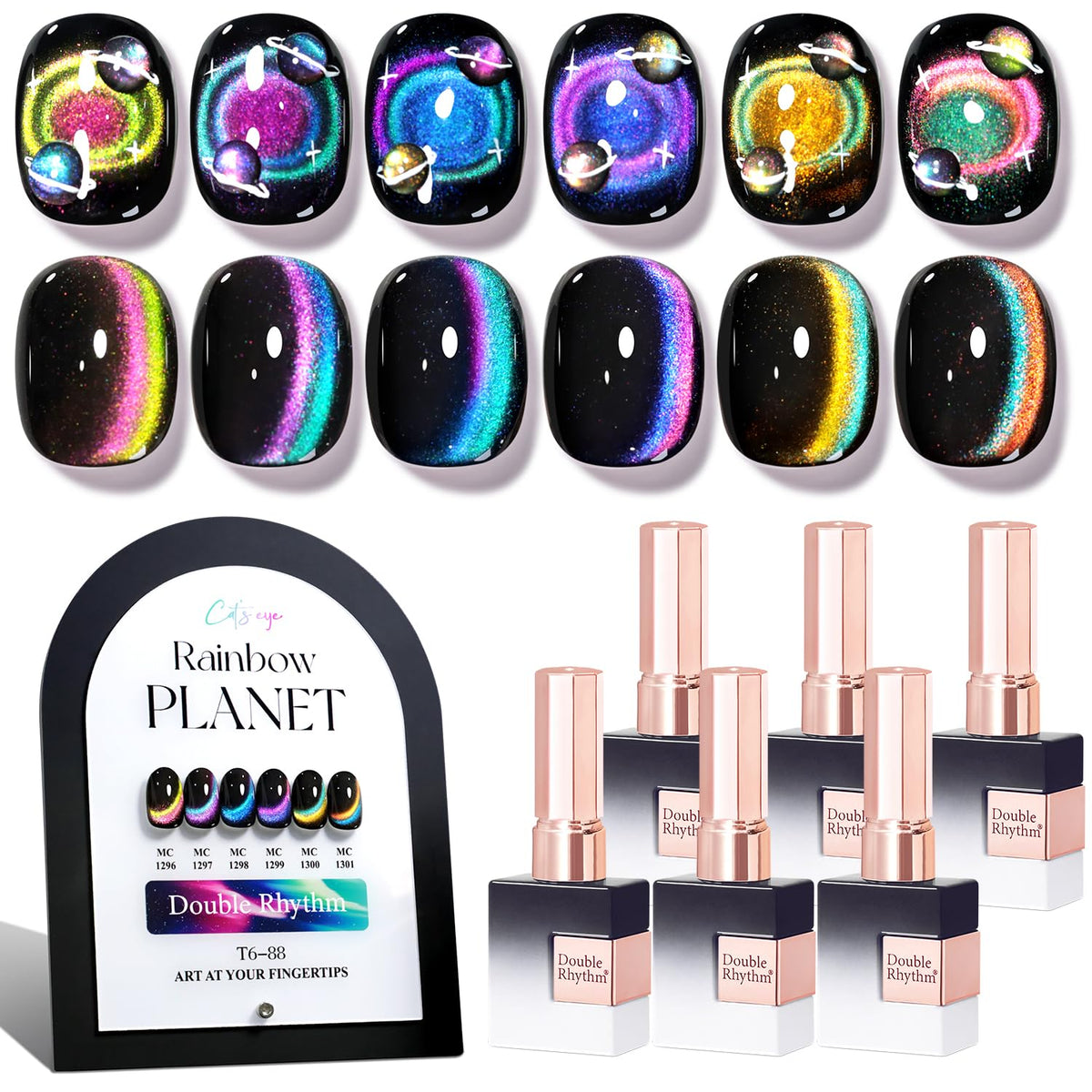 Double Rhythm front packaging showing six identical holographic gel bottles and swatches