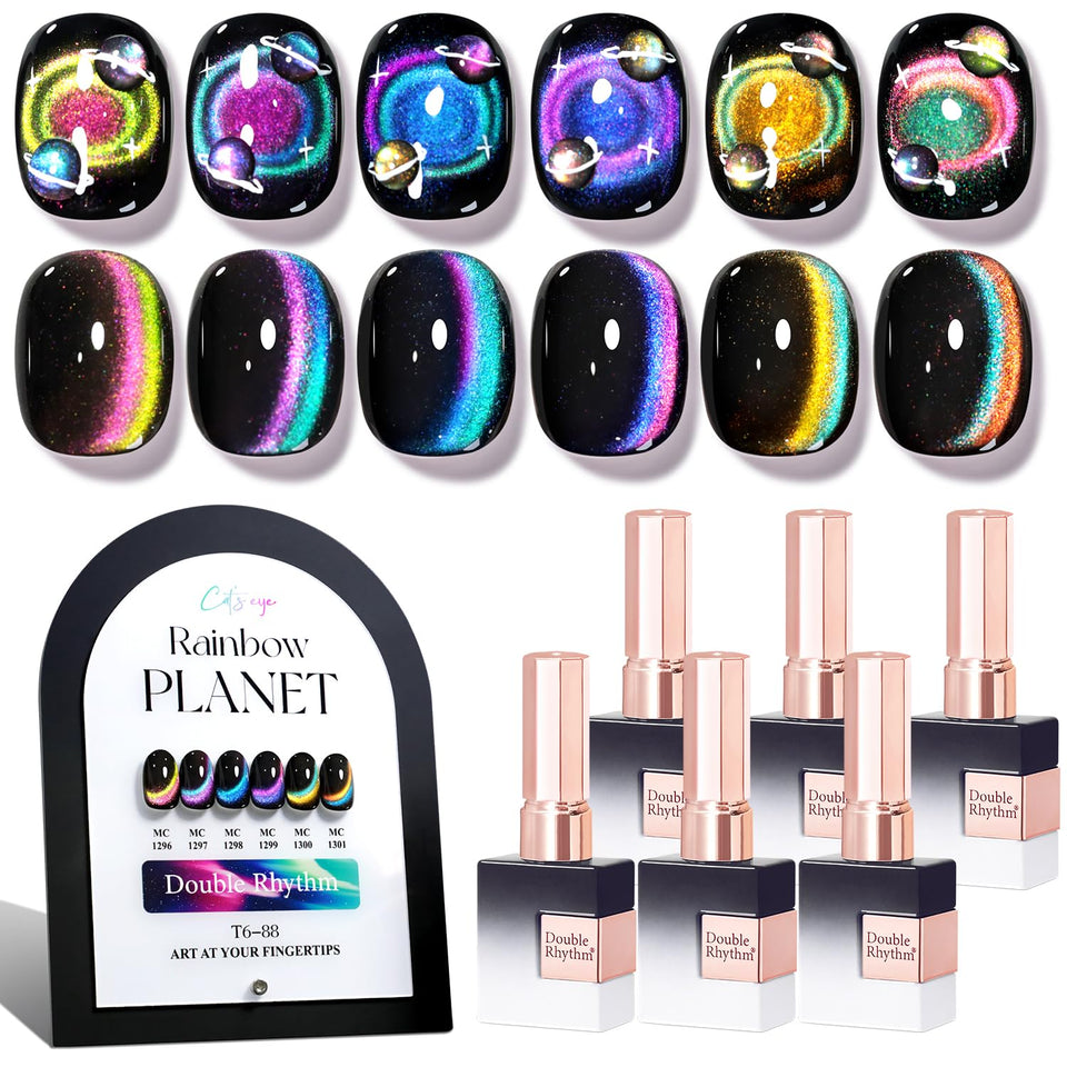 Double Rhythm front packaging showing six identical holographic gel bottles and swatches