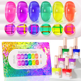 Double Rhythm front packaging showing six 15ml bottles for vibrant gel manicures