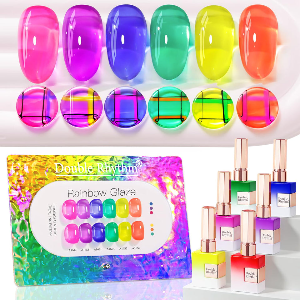 Double Rhythm front packaging showing six 15ml bottles for vibrant gel manicures