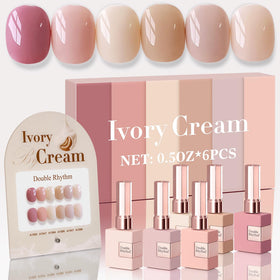 Double Rhythm front packaging showing six identical nude gel polish bottles and value
