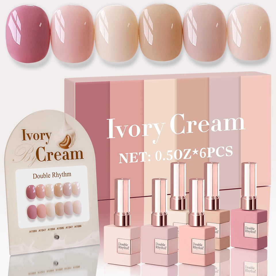 Double Rhythm front packaging showing six identical nude gel polish bottles and value
