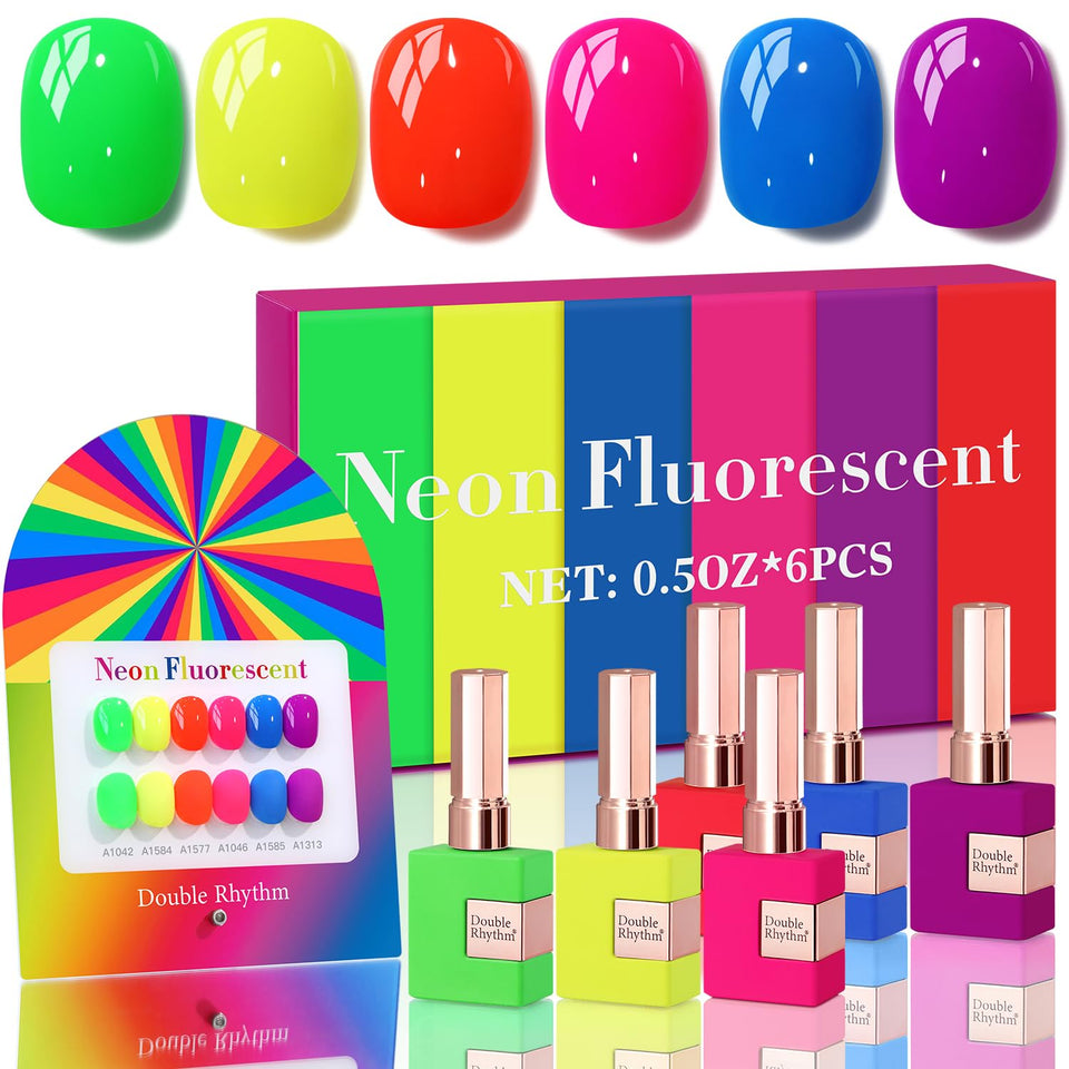 Double Rhythm front packaging showing six neon bottles and clear labeling for easy selection