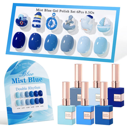 Double Rhythm front packaging showing six matching blue-gray bottles and kit benefit