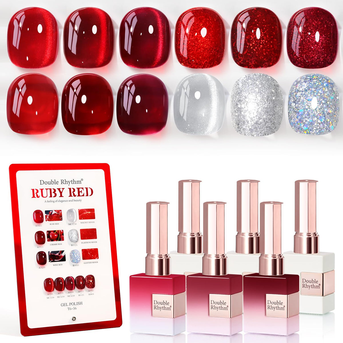 Double Rhythm front packaging showing six identical burgundy gel bottles and benefit of consistent color