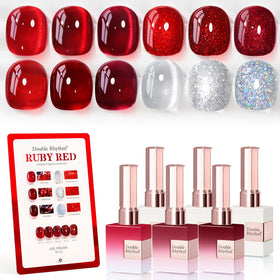 Double Rhythm front packaging showing six identical burgundy gel bottles and benefit of consistent color