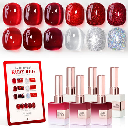 Double Rhythm front packaging showing six identical burgundy gel bottles and benefit of consistent color